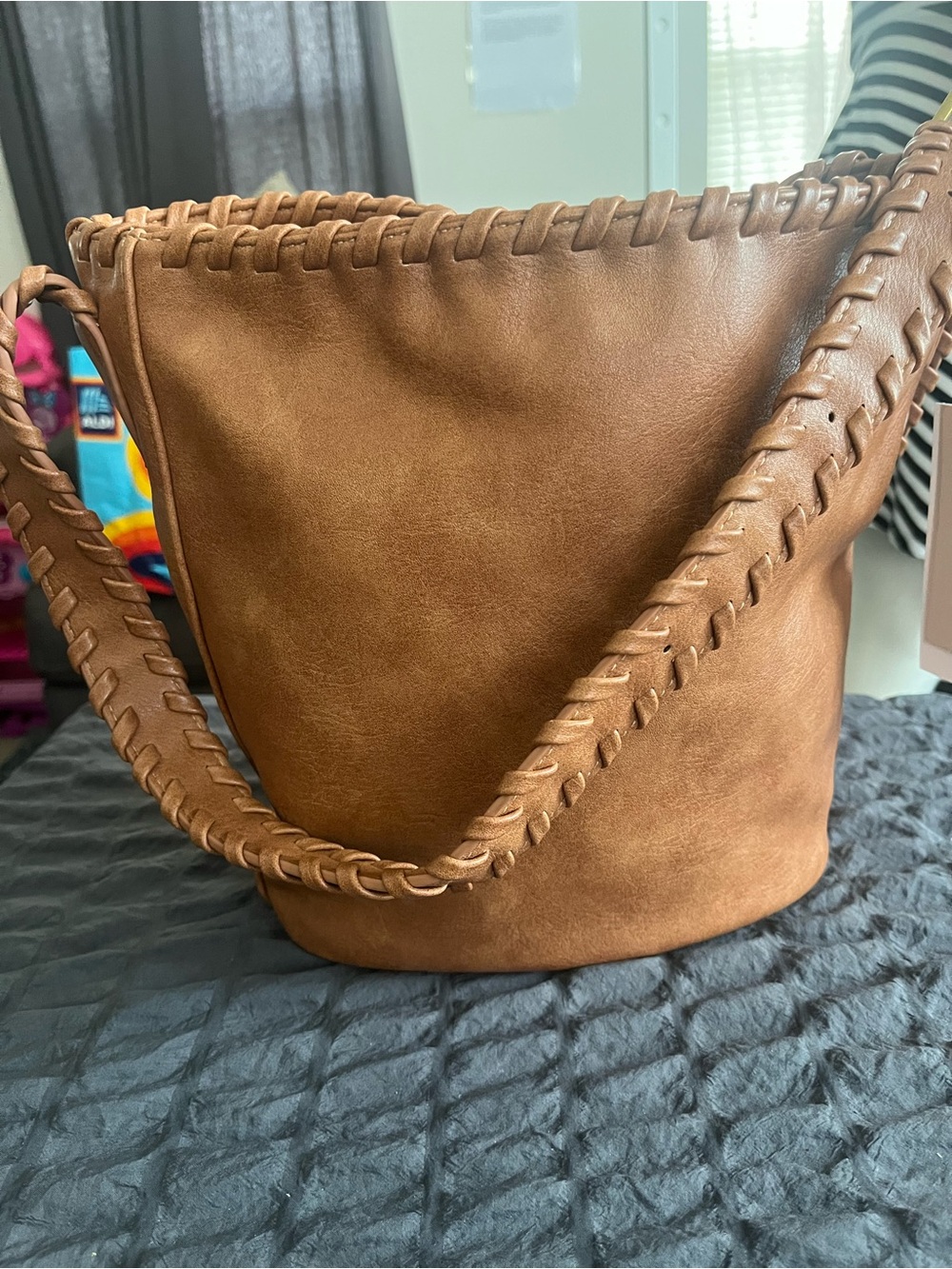 Ecostitch Vegan Approved Braided Detail Bucket Shoulder Bag - Brown